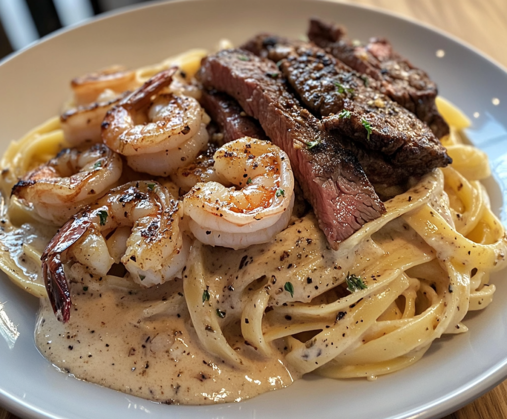 Cajun Shrimp and Steak Alfredo Pasta 